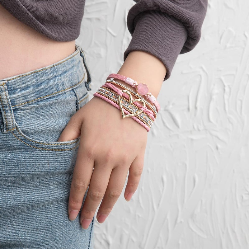 Rantanto Braid Leather Wrap Bracelet Trendy Stackable Crystal Cuff Boho Gold Heart Bracelet Jewelry Gift For Women - Image 3